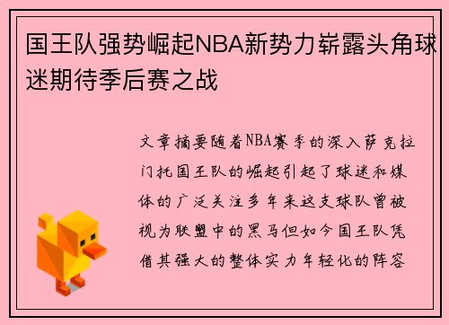 国王队强势崛起NBA新势力崭露头角球迷期待季后赛之战