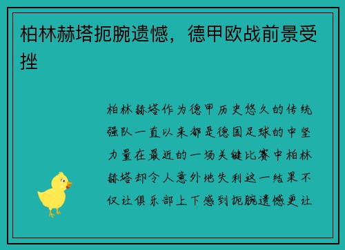 柏林赫塔扼腕遗憾，德甲欧战前景受挫